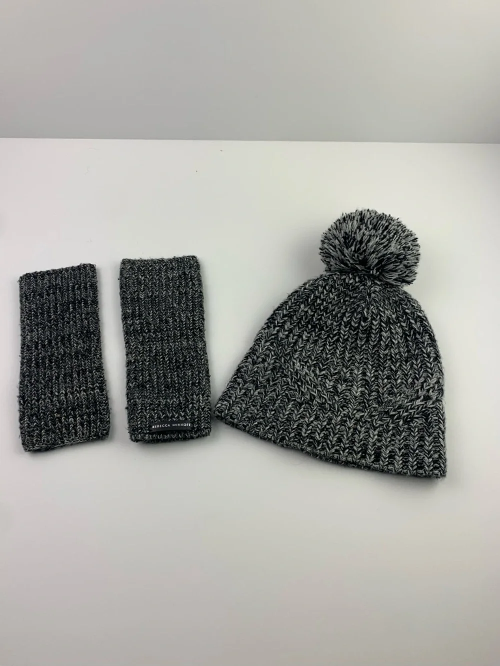 REBECCA MINKOFF Pom-Pom Beanie Hat & Arm Warmer Glove Set Winter Marled